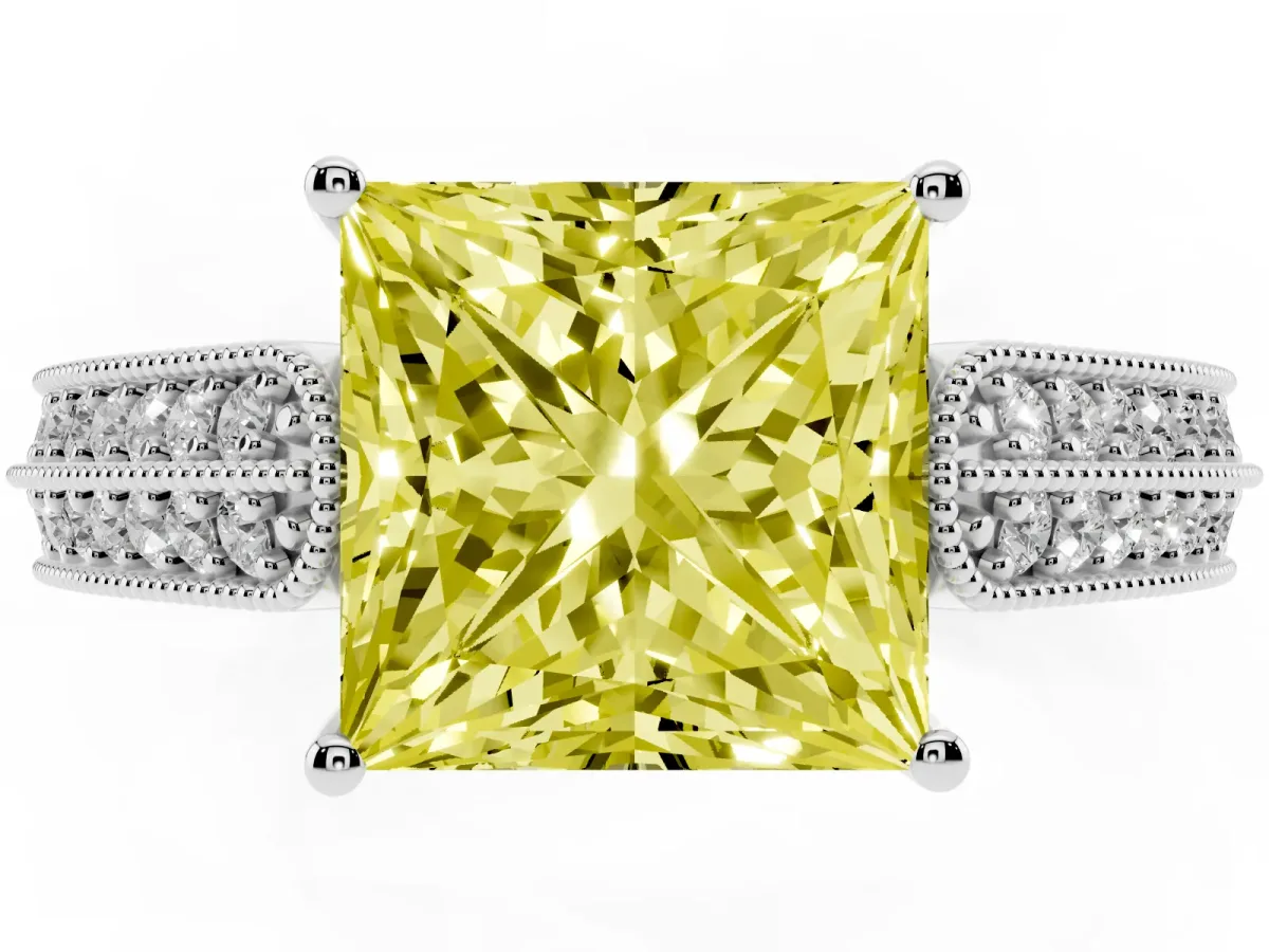 Fancy Yellow Princess Cut Cut Pave Split Shank Engagement Ring with Four-Prong Setting White gold