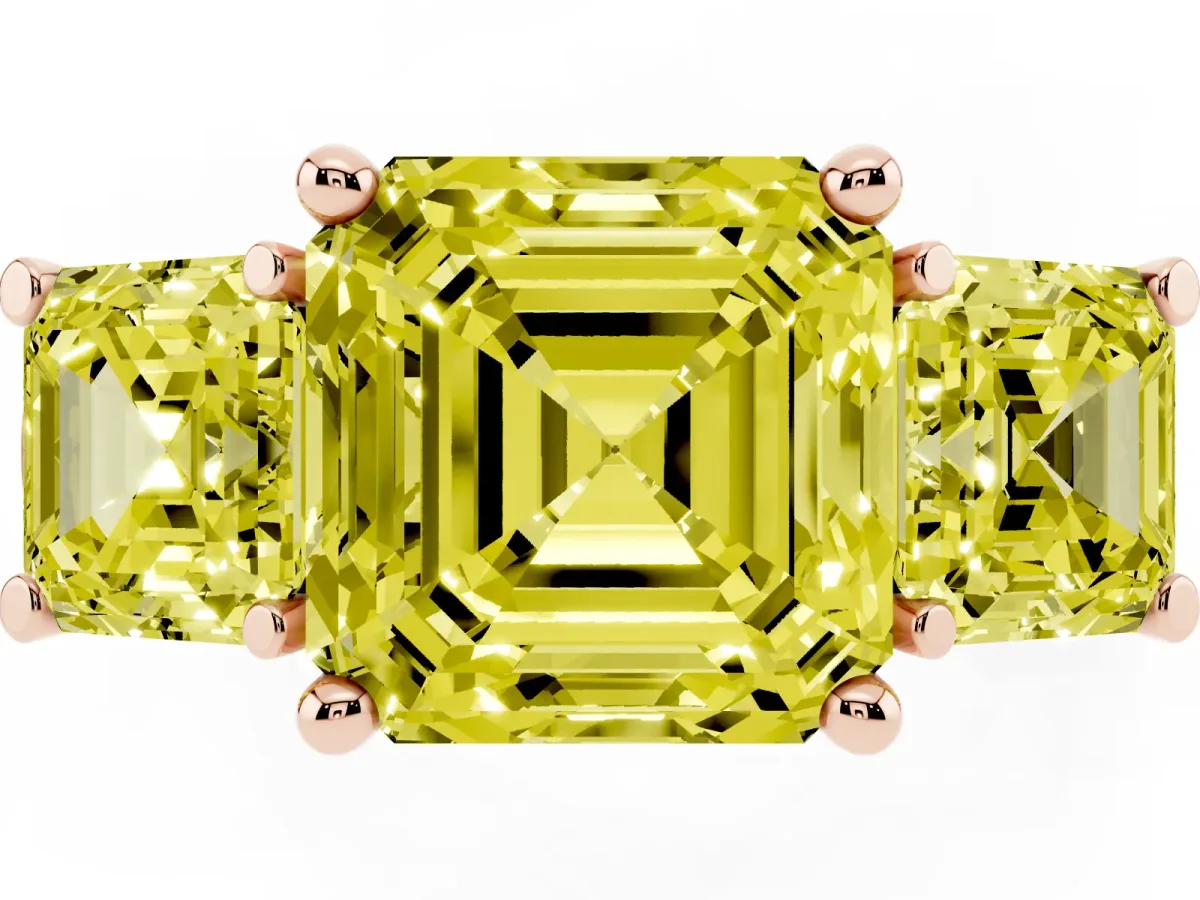 Fancy Yellow Three-Stone Asscher Cut Brilliant Diamond Trellis Ring with Comfort Fit Band Rose gold