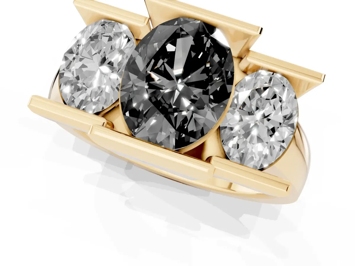 Fancy Black Three Stone Oval Cut Cut Channel Set Diamond Ring Yellow gold