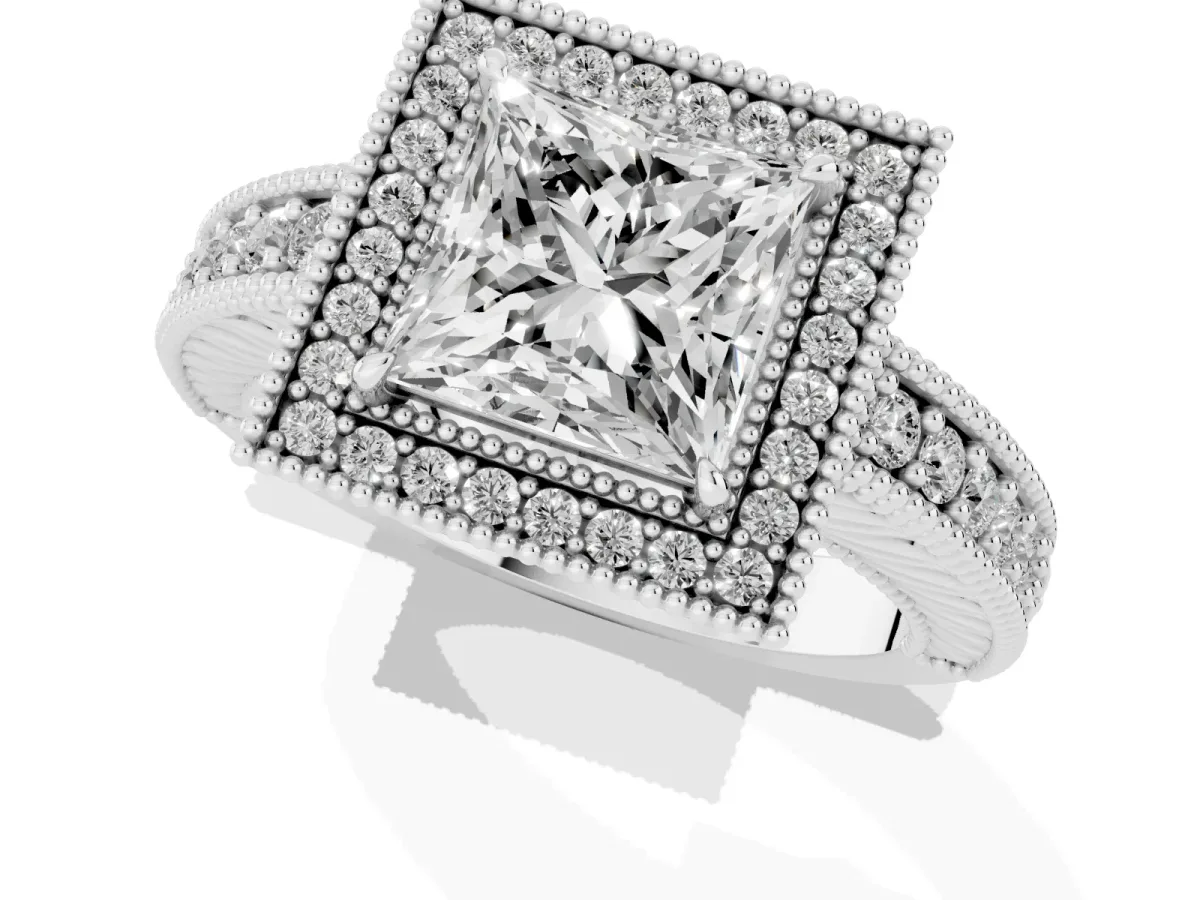 Princess Cut Cut Halo Diamond Ring with Pavé Band and Four-Prong Setting White gold