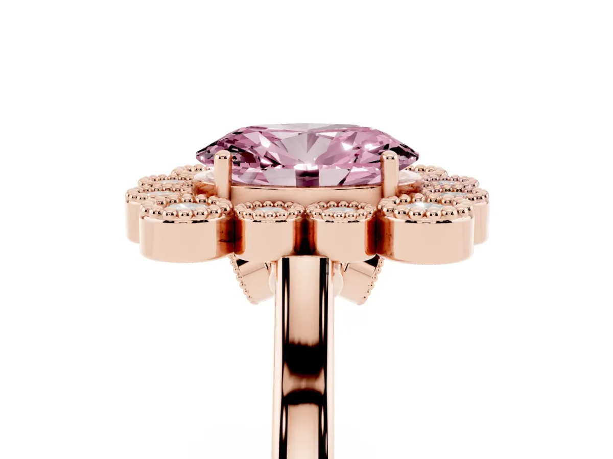Fancy Pink Oval Cut Halo Diamond Cluster Engagement Ring with Milgrain Bezel Setting and Solitaire Band Rose gold