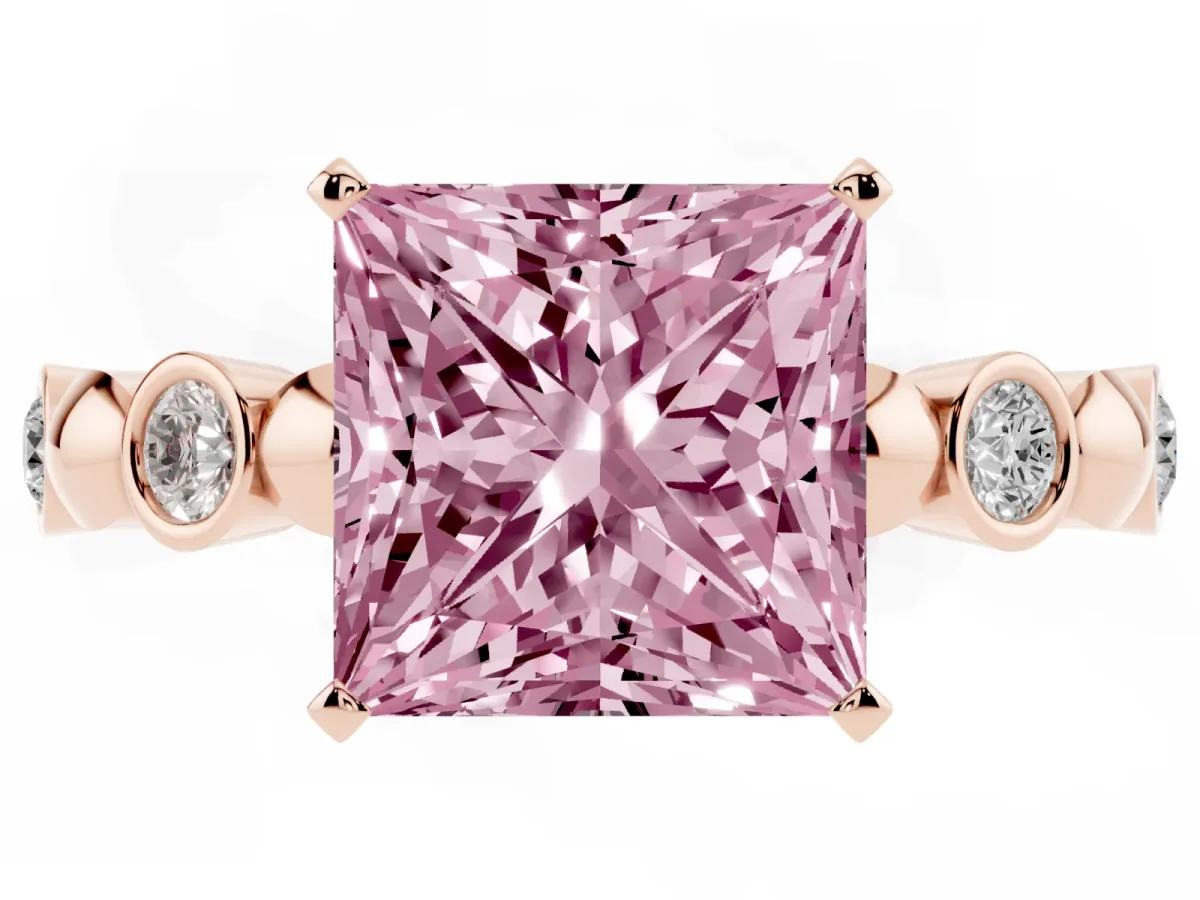 Fancy Pink Princess Cut Solitaire Bezel-Set Diamond Ring with Beaded Band and Four-Prong Setting Rose gold