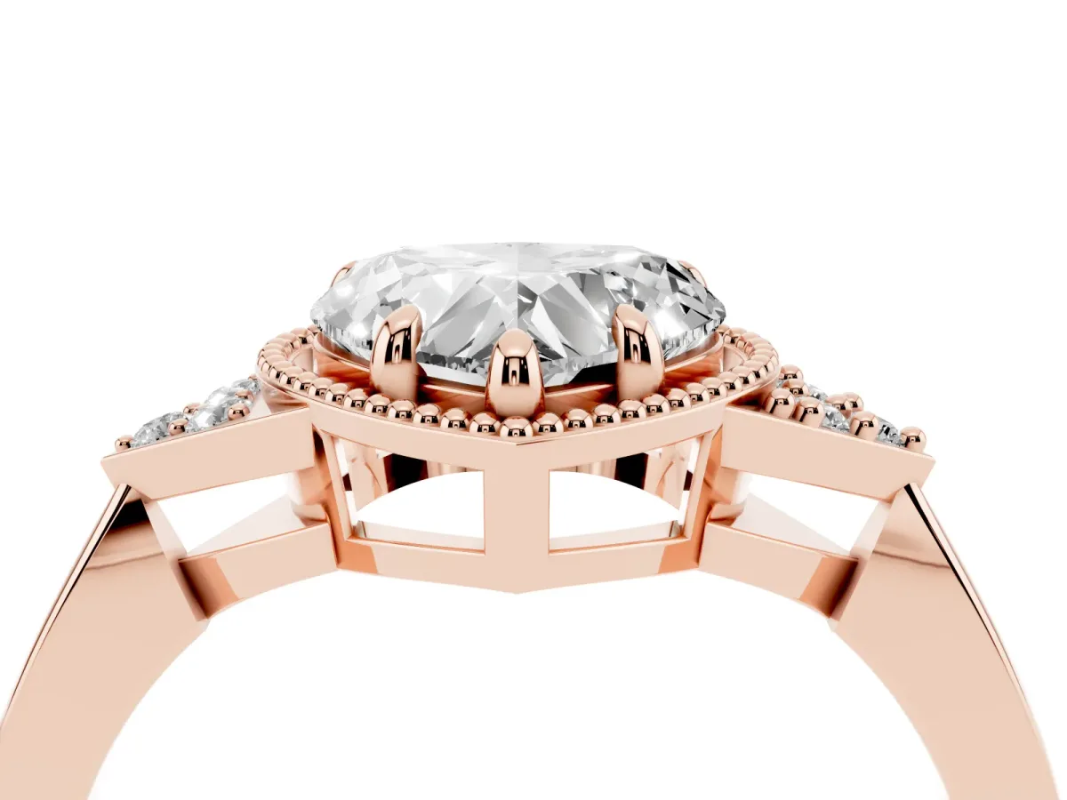 Hexagonal Halo Heart Cut Diamond Solitaire with Pavé Band and Four-Prong Setting Rose gold