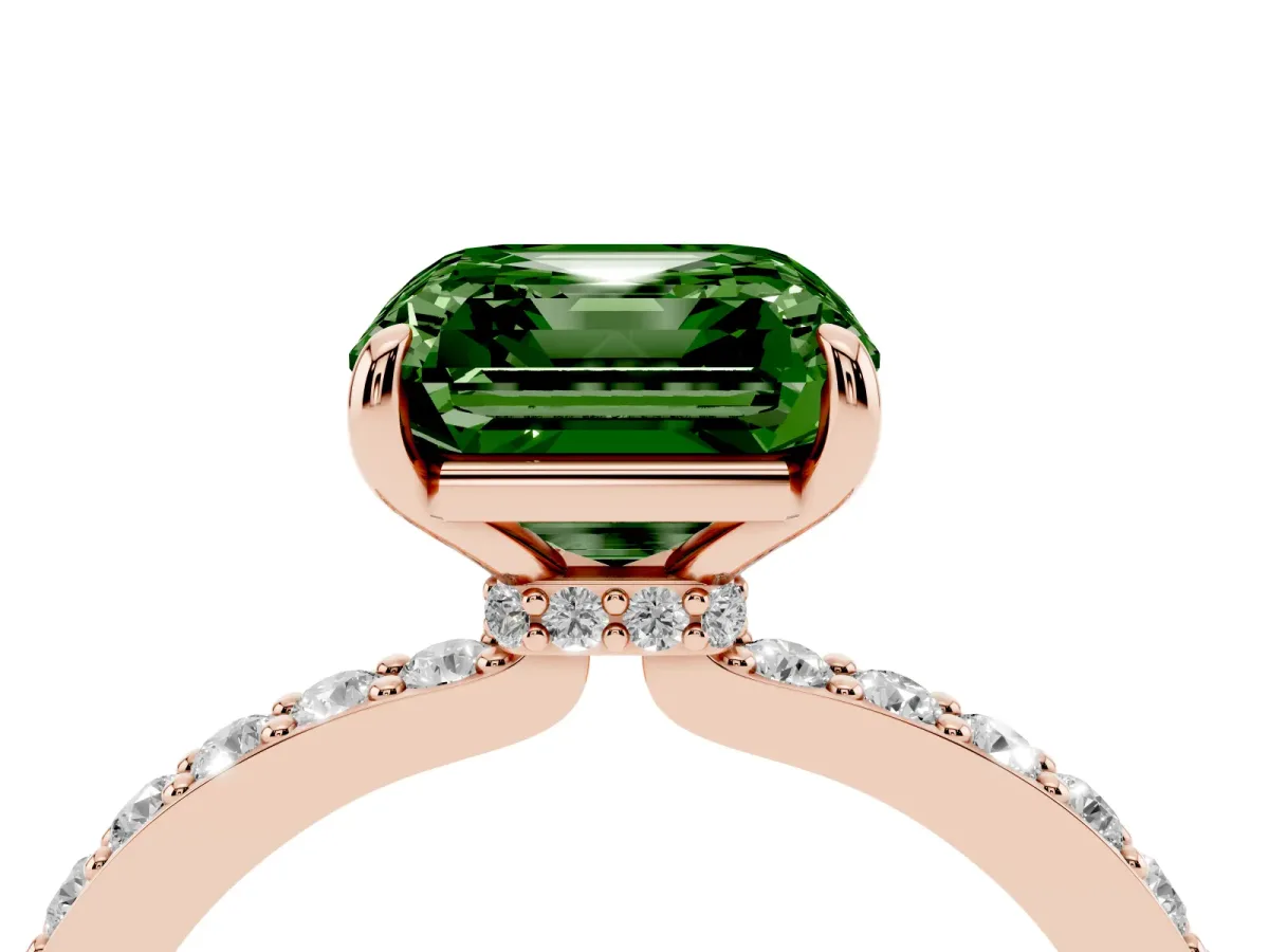 Fancy Green Asscher Cut Diamond Pavé Engagement Ring with Round Accents and Prong Setting Rose gold