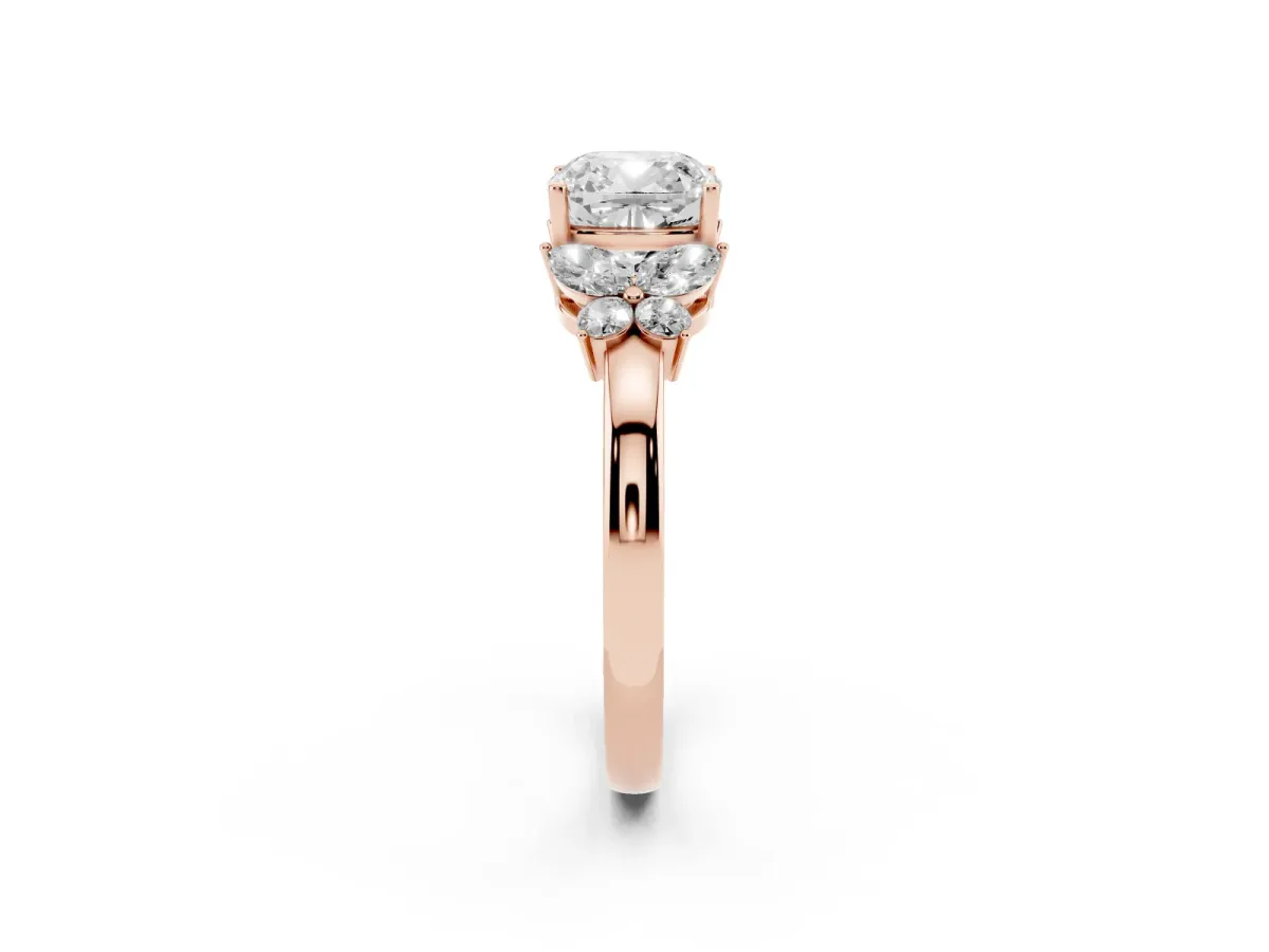 Cushion Cut Cut Solitaire Floral Diamond Ring with Four-Prong Setting Rose gold
