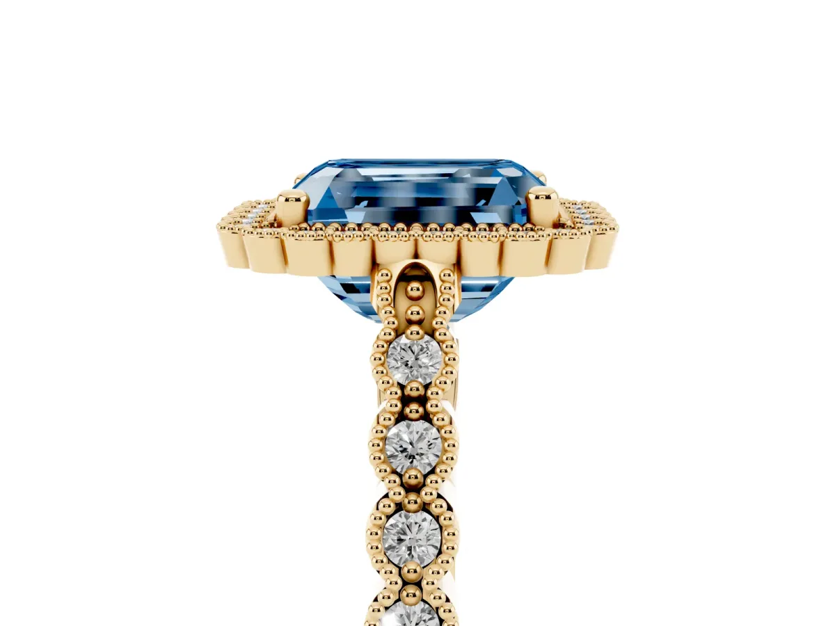 Fancy Blue Radiant Cut Cut Halo Pavé Solitaire Ring with Milgrain Band Yellow gold