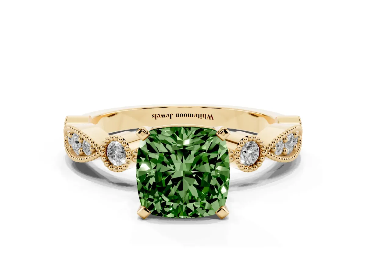 Fancy Green Cushion Cut Milgrain Bezel Diamond Engagement Ring with Solitaire Prong Setting Yellow gold