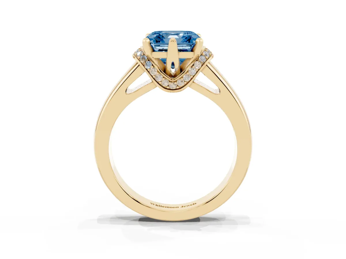 Fancy Blue Asscher Cut Solitaire Diamond Ring with Pave Band and Six-Prong Setting Yellow gold