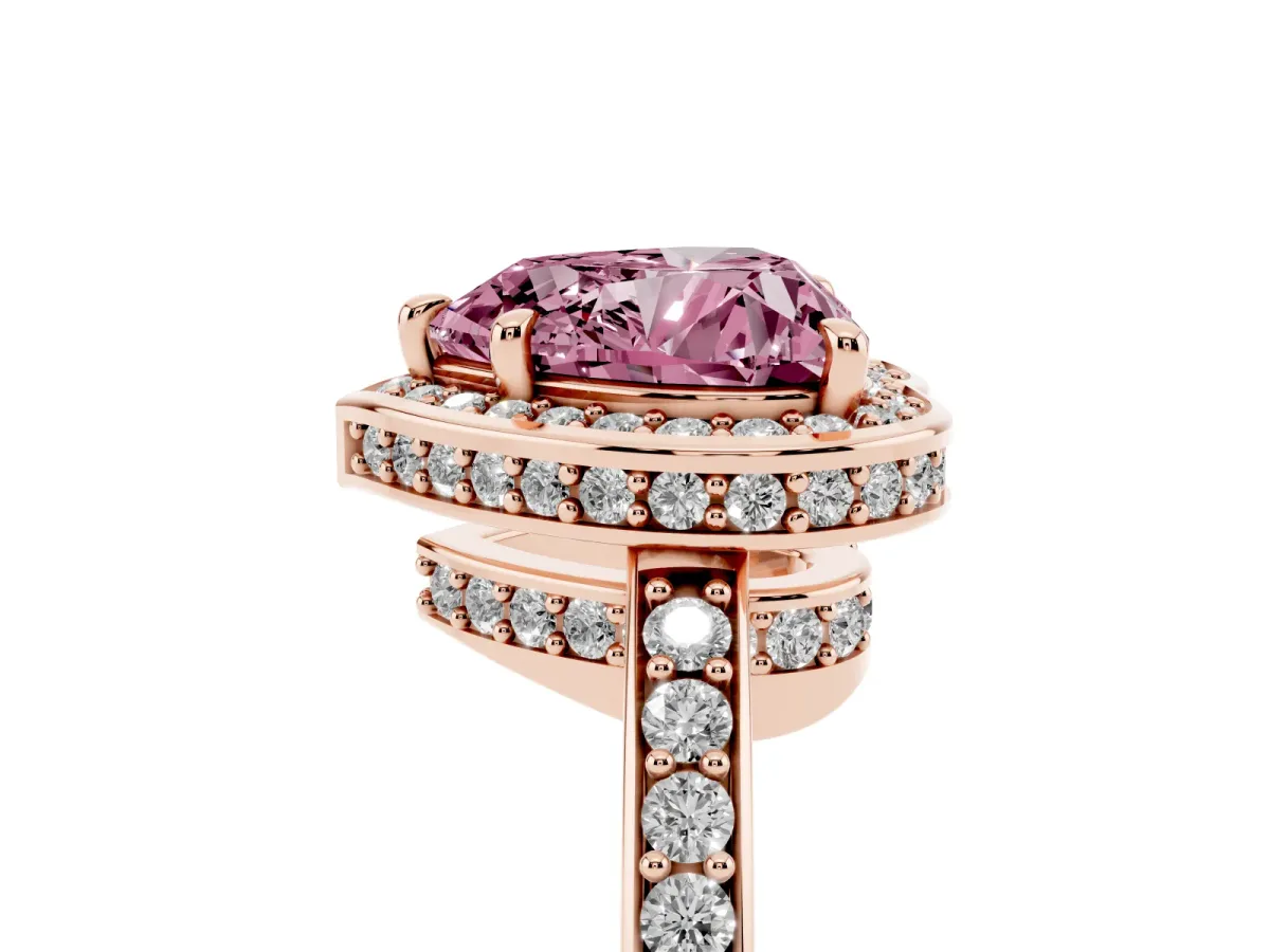 Fancy Pink Heart Cut Halo Pave Band Solitaire Ring with Prong Setting Rose gold