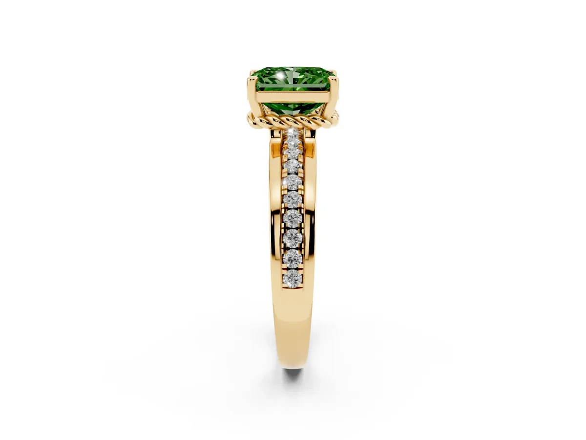 Fancy Green Radiant Cut Solitaire Diamond Ring with Channel Set Band and Six-Prong Setting Yellow gold