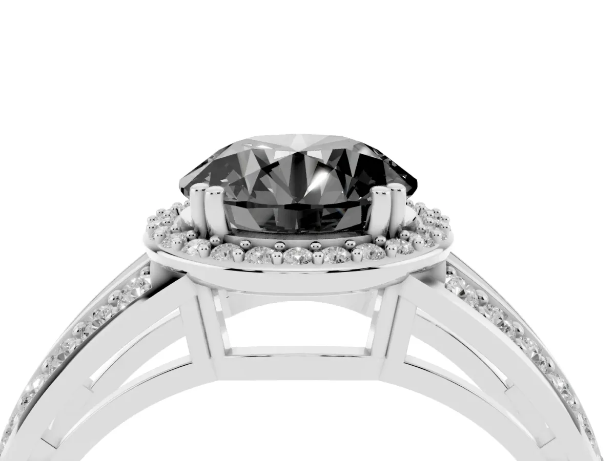 Fancy Black Round Cut Diamond Halo Ring with Split Shank Pavé Band and Four-Prong Setting Platinum