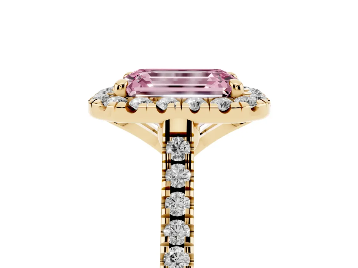 Fancy Pink Emerald Cut Diamond Cushion Halo Ring with Pavé Band Yellow gold