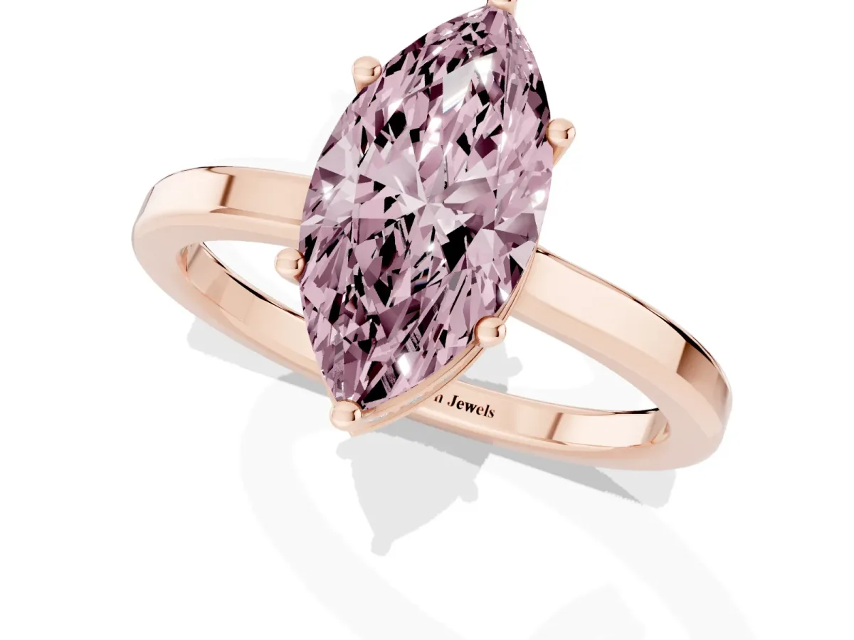 Fancy Pink Marquise Cut Cut Solitaire Engagement Ring with Four-Prong Setting on a Classic Band Rose gold