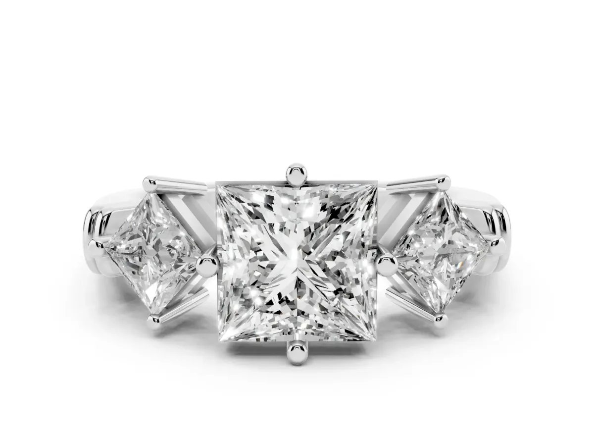 Three-Stone Princess Cut and Princess Cut Diamond Ring with Channel Band and Four-Prong Setting Platinum