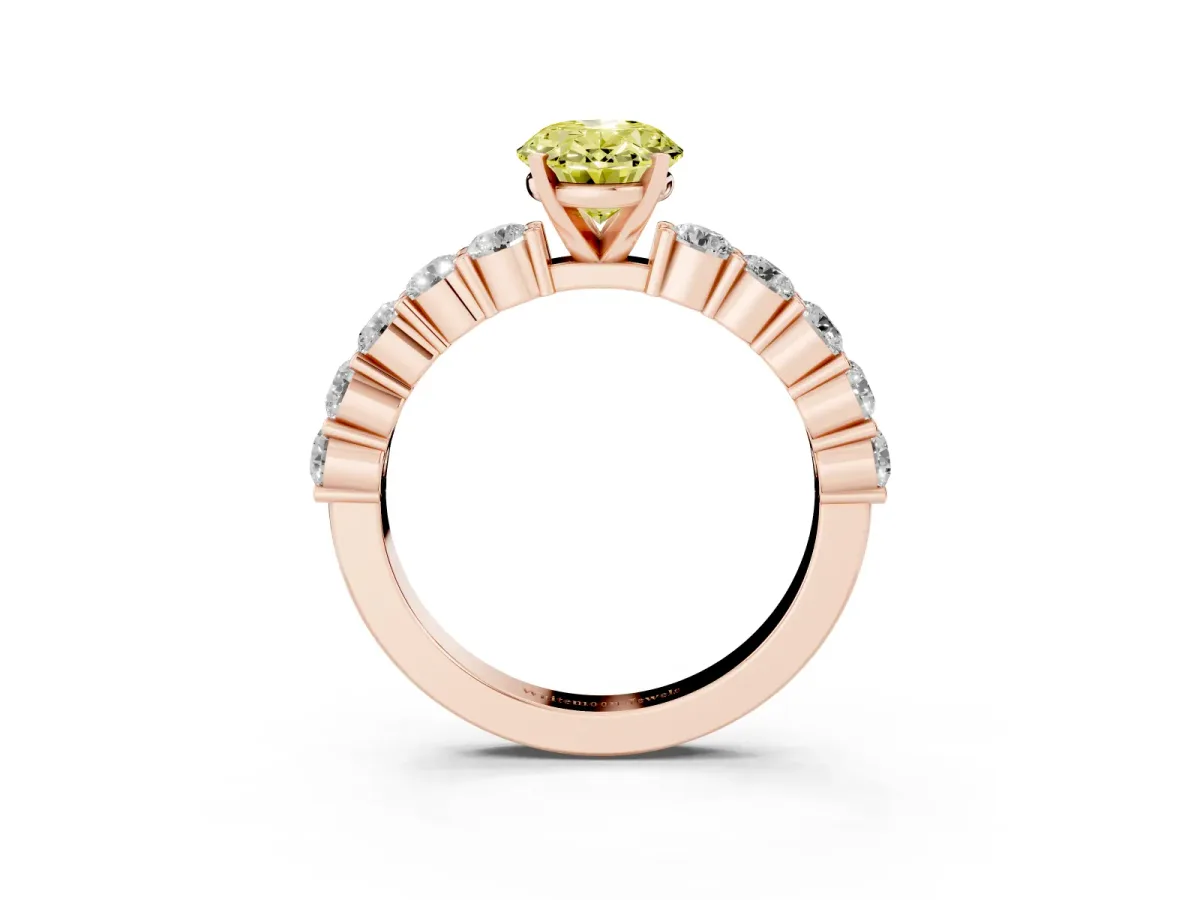 Fancy Yellow Oval Cut Diamond Solitaire Ring with Shared Prong Round Side Stones Rose gold