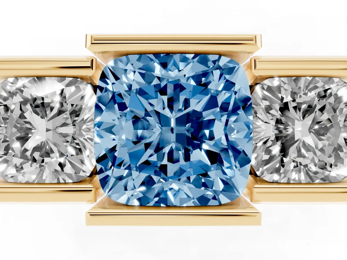 Fancy Blue Three Stone Cushion Cut Cut Channel Set Diamond Ring Yellow gold