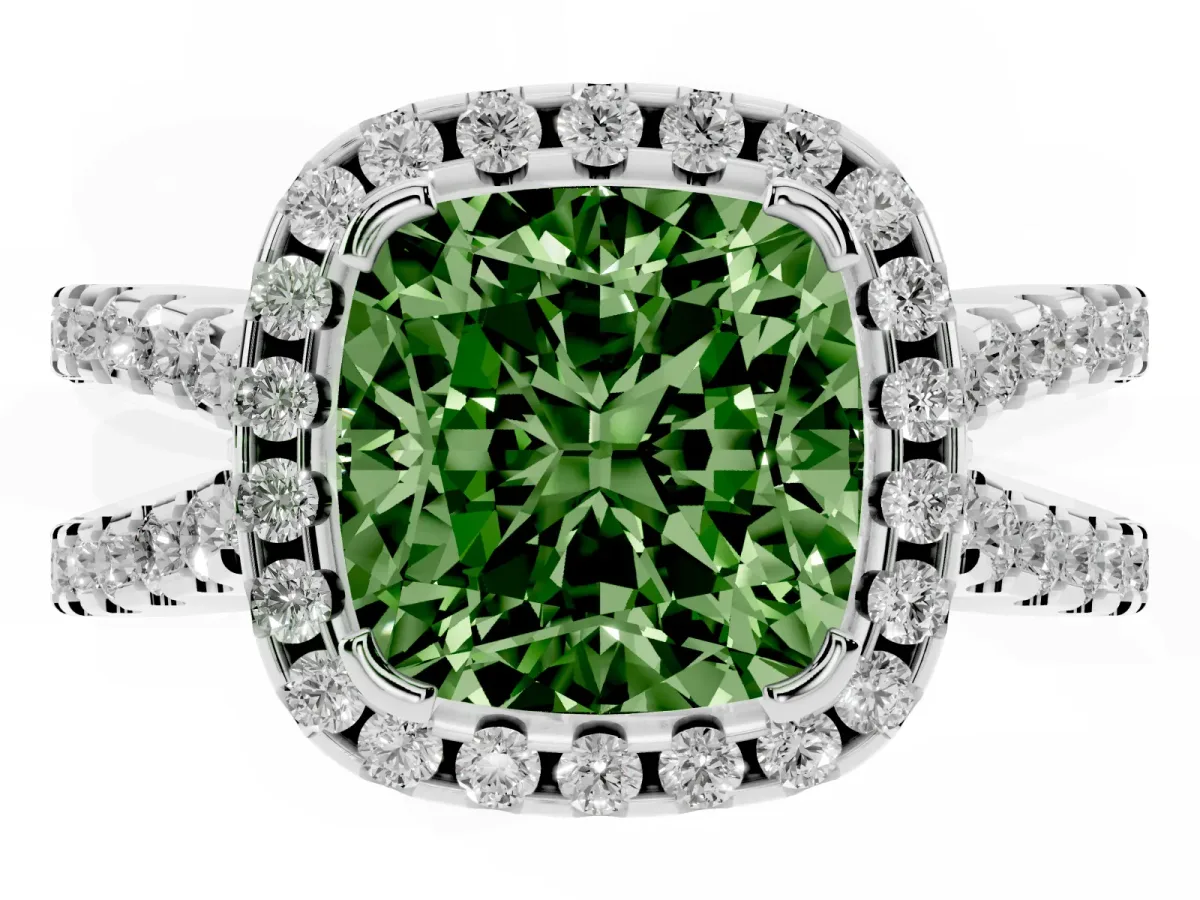 Fancy Green Cushion Cut Diamond Halo Ring with Split Shank Pavé Band and Prong Setting Platinum