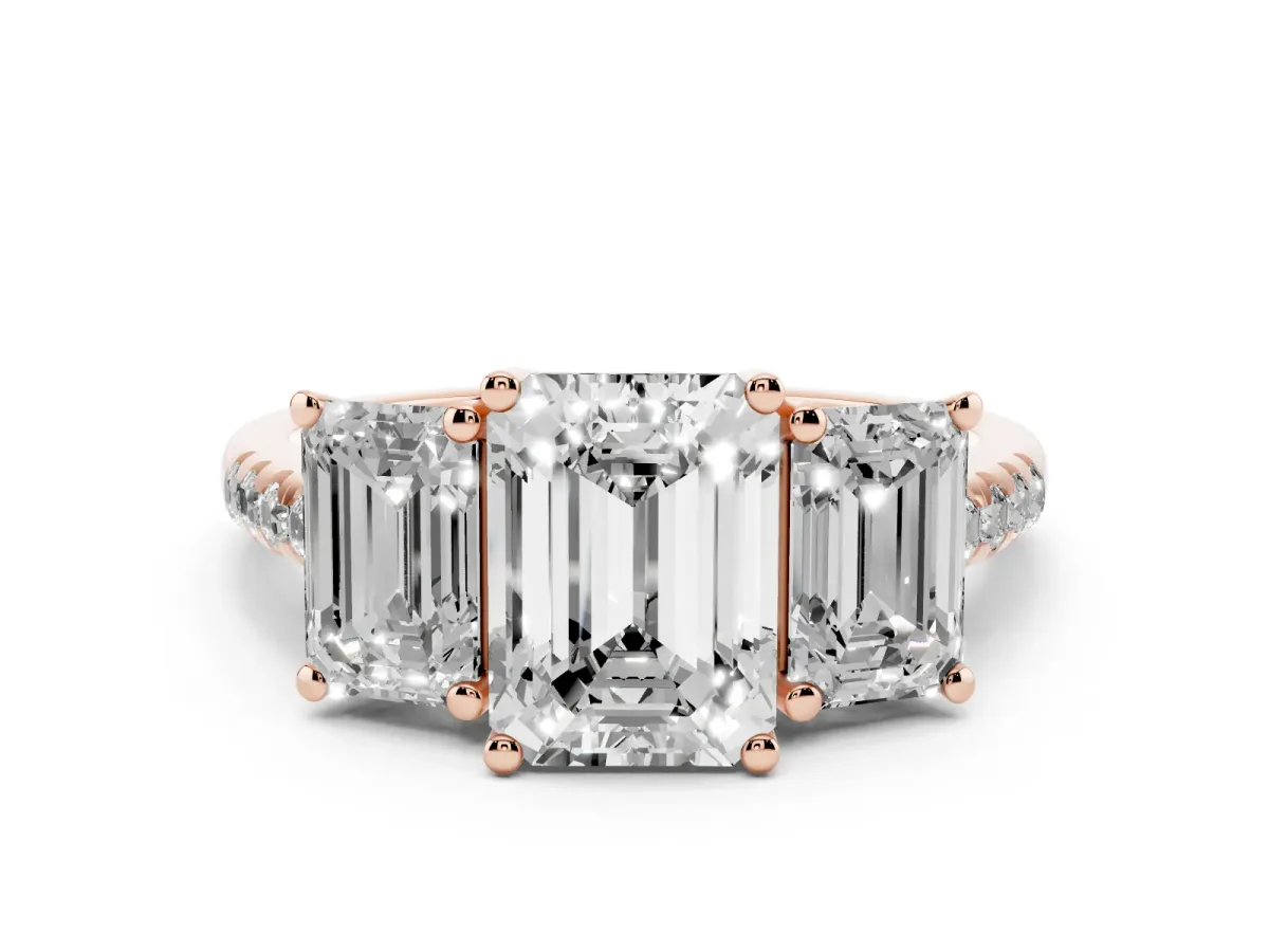 Three-Stone Emerald Cut Diamond Ring with Round Pavé Band and Prong Setting Rose gold