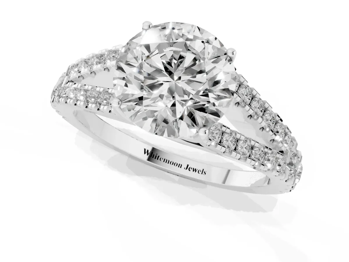 Round Cut Diamond Split Shank Engagement Ring with Round Pavé and Prong Setting Silver