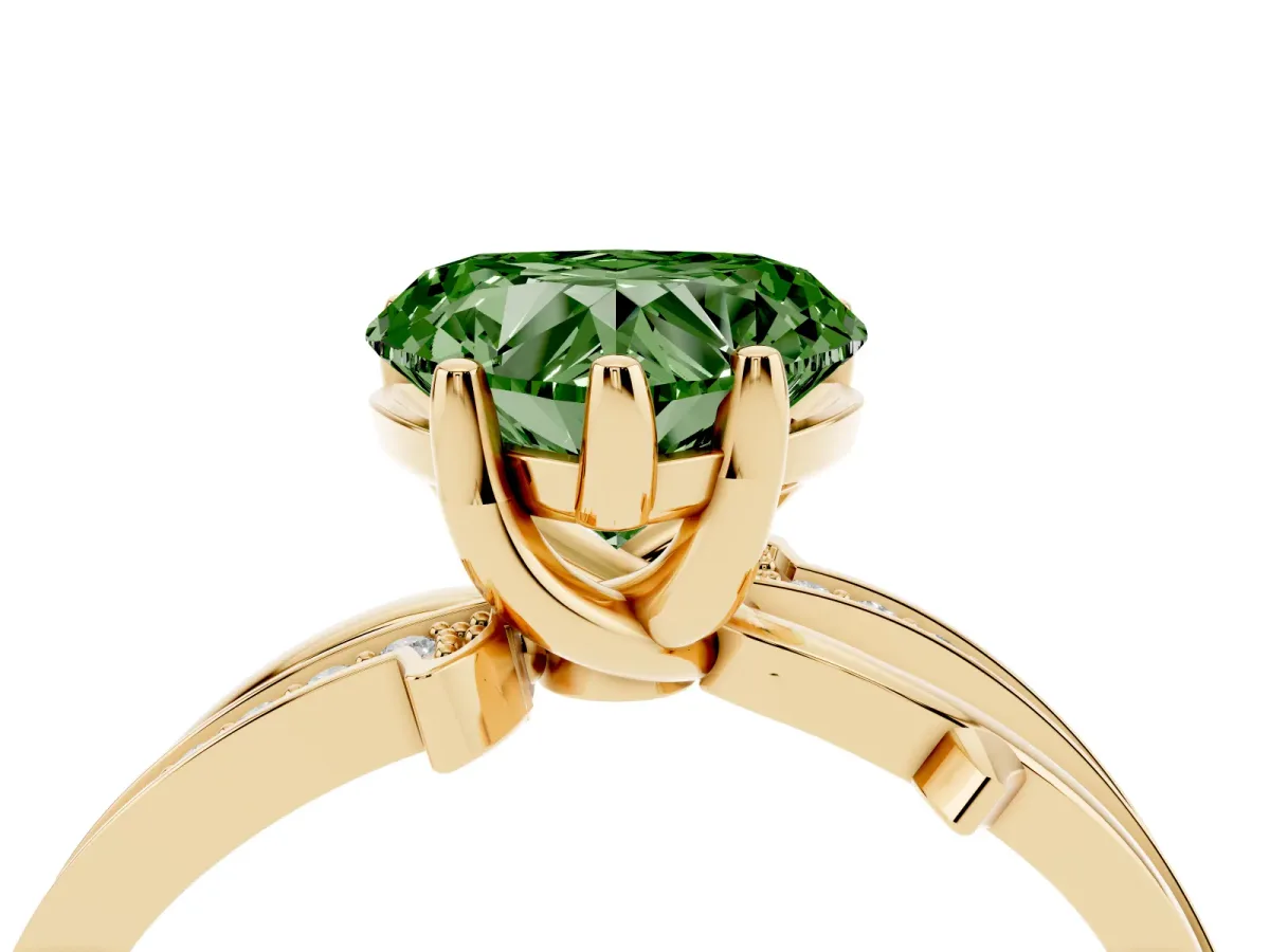 Fancy Green Heart Cut Solitaire Twist Band with Pavé Accents and Four-Prong Setting Yellow gold