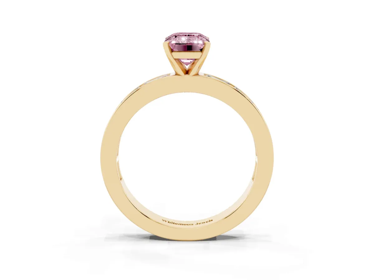 Fancy Pink Emerald Cut Solitaire Diamond Ring with Channel-Set Baguette Band and Four-Prong Setting Yellow gold