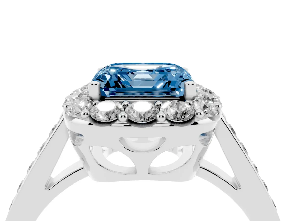 Fancy Blue Asscher Cut Diamond Floral Halo Ring with Pavé Band and Prong Setting White gold