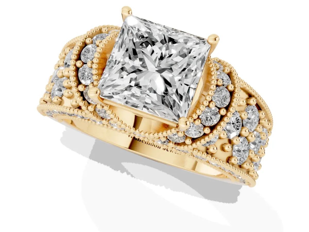 Princess Cut Halo Pave Diamond Engagement Ring with Milgrain Detailing Yellow gold