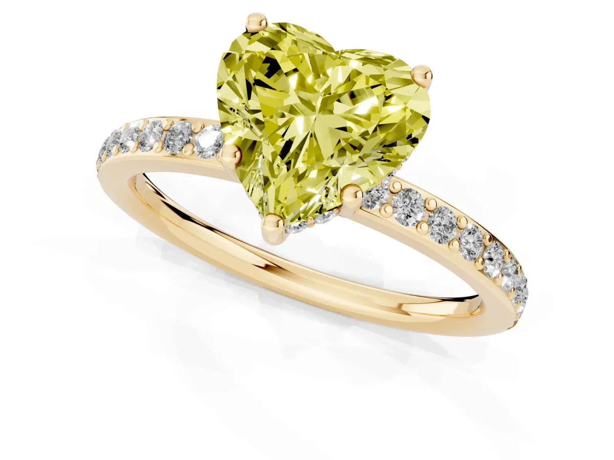 Fancy Yellow Heart Cut Cut Diamond Pavé Band Ring with Four-Prong Setting Yellow gold