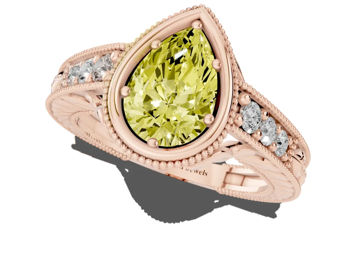 Fancy Yellow Bezel Set Pear Cut Diamond Milgrain Pave Engagement Ring Rose gold