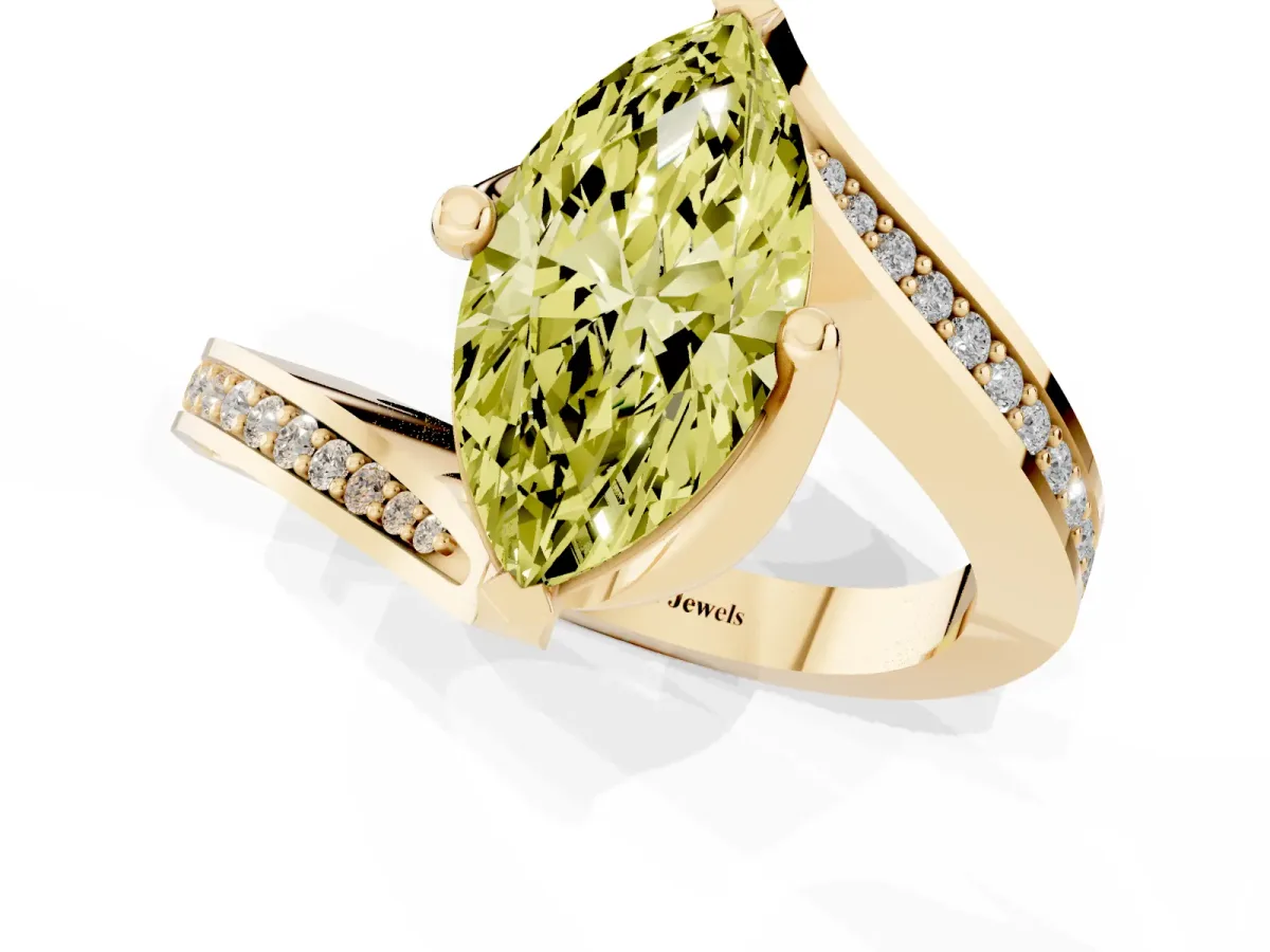 Fancy Yellow Marquise Cut Solitaire Diamond Twist Band with Pavé Setting and Four-Prong Setting Yellow gold