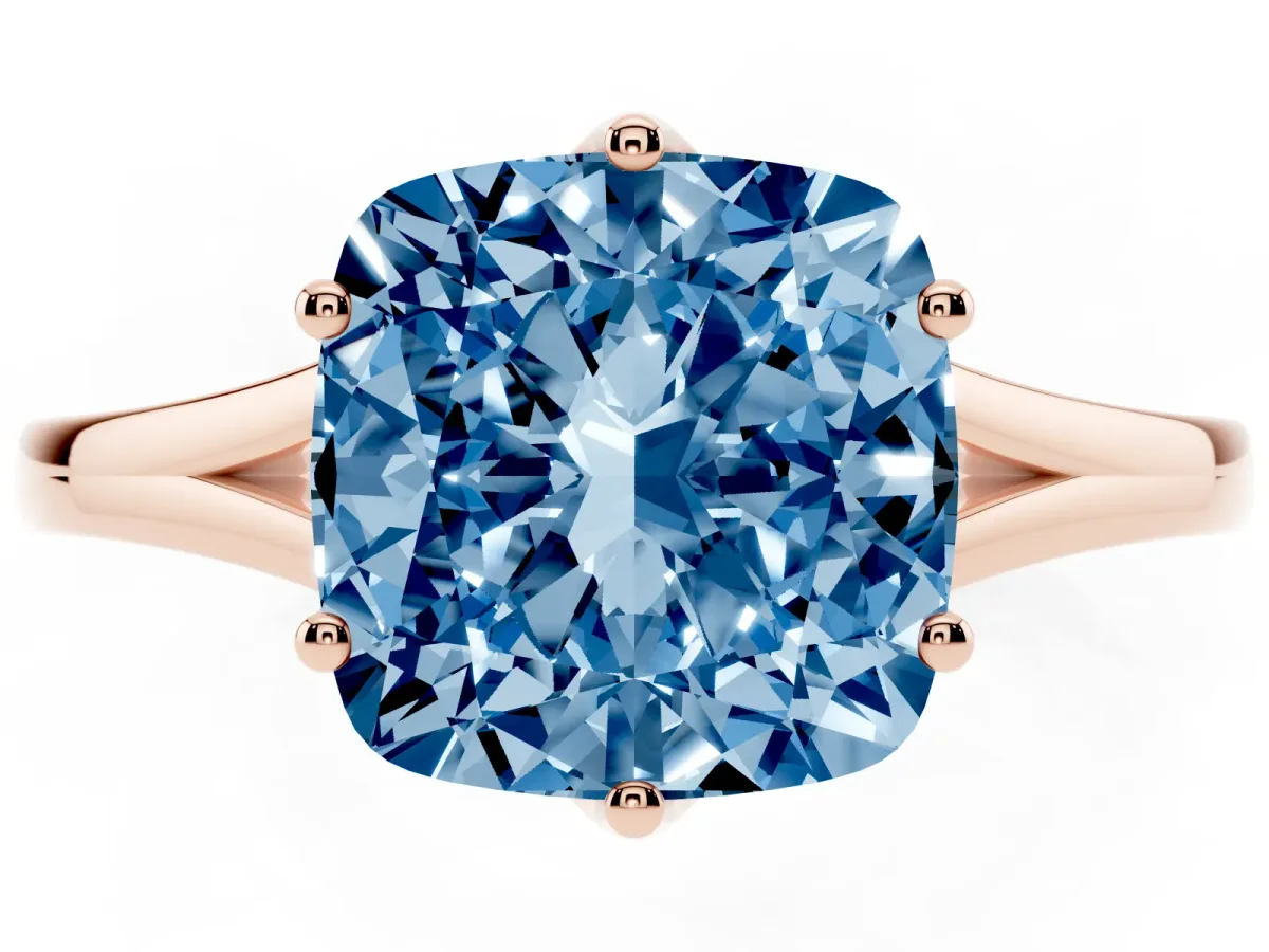 Fancy Blue Cushion Cut Solitaire Diamond Ring with Six-Prong Setting and Tapered Band Rose gold