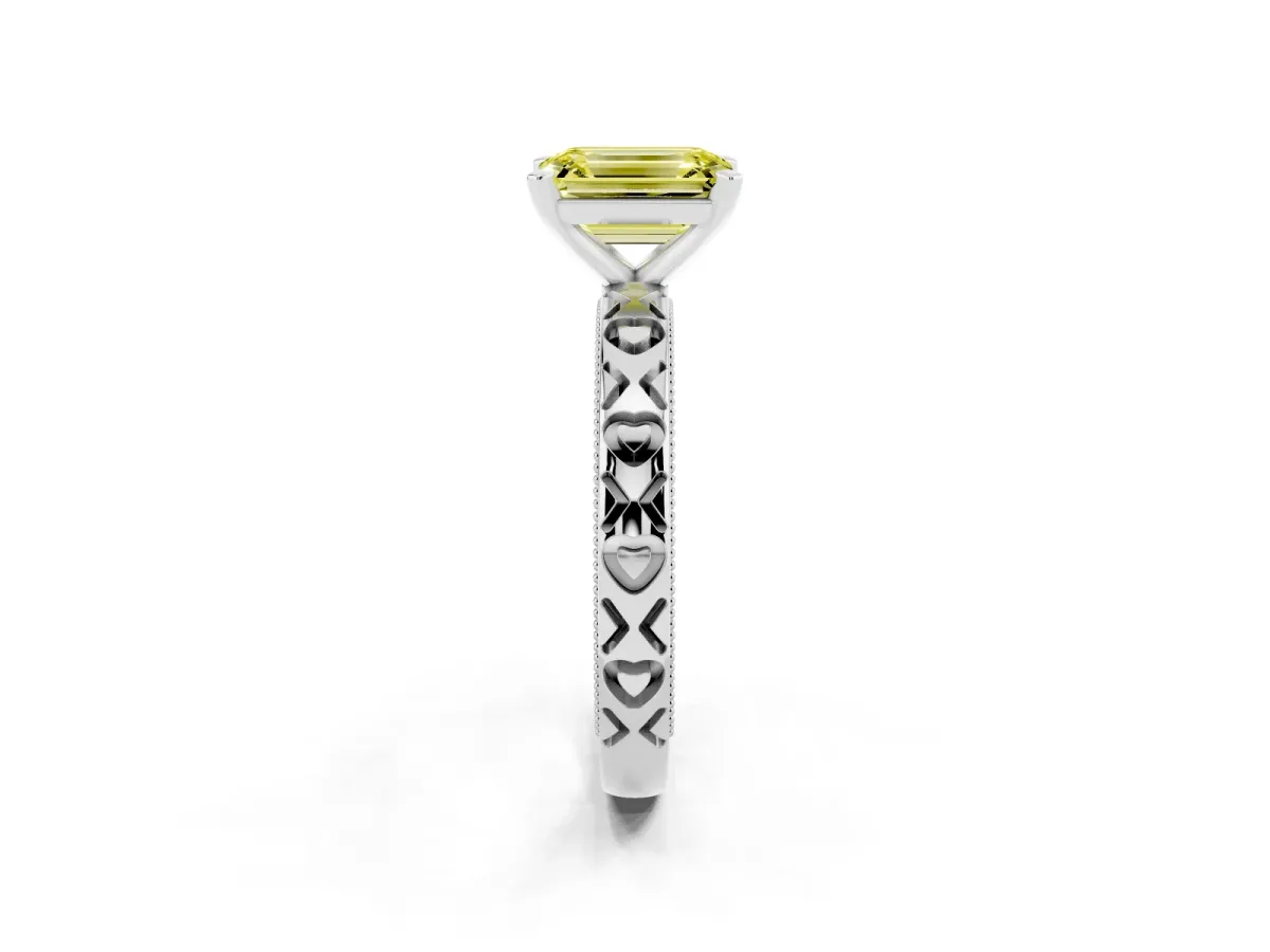Fancy Yellow Emerald Cut Solitaire Diamond Engagement Ring with XO Engraved Band and Four-Prong Setting Silver