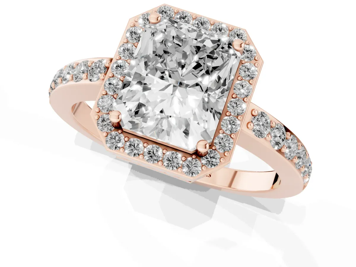 Radiant Cut Halo Diamond Pavé Band Ring with Prong Setting Rose gold