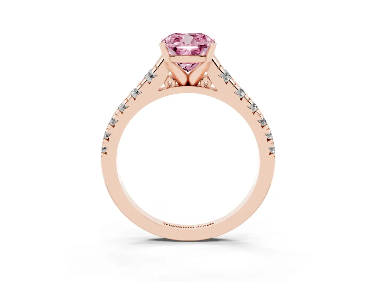 Fancy Pink Cushion Cut Diamond Cathedral Solitaire Ring with Round Pavé Band Rose gold