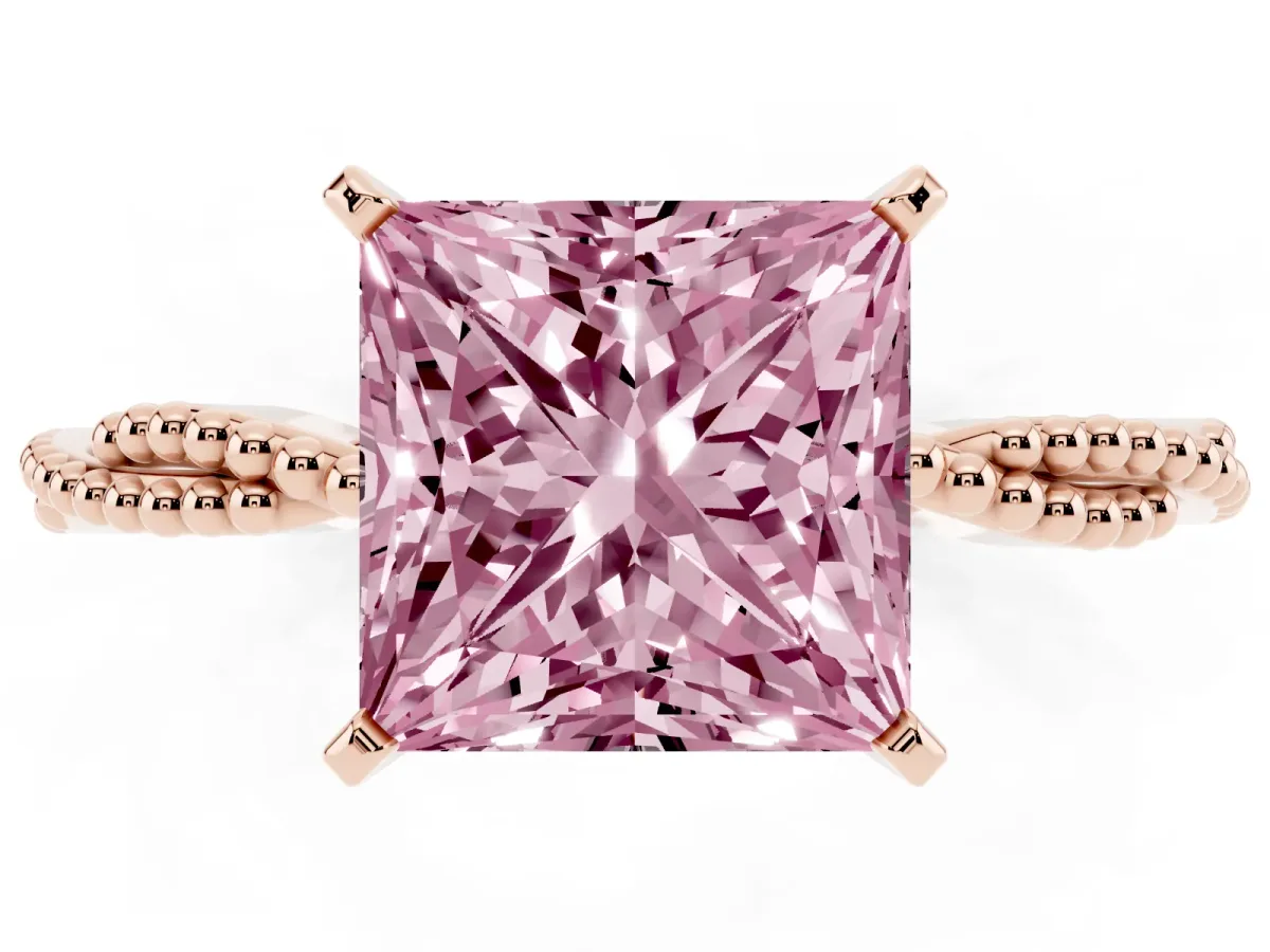 Fancy Pink Princess Cut Solitaire Twisted Band with Bead Prong Setting Rose gold
