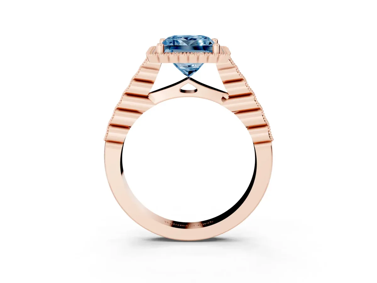 Fancy Blue Princess Cut Cut Halo Pavé Solitaire Ring with Milgrain Band Rose gold