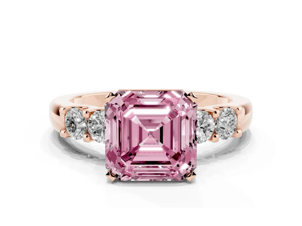 Fancy Pink Asscher Cut Brilliant Cut Diamond Five-Stone Prong Set Engagement Ring with Channel Band Rose gold