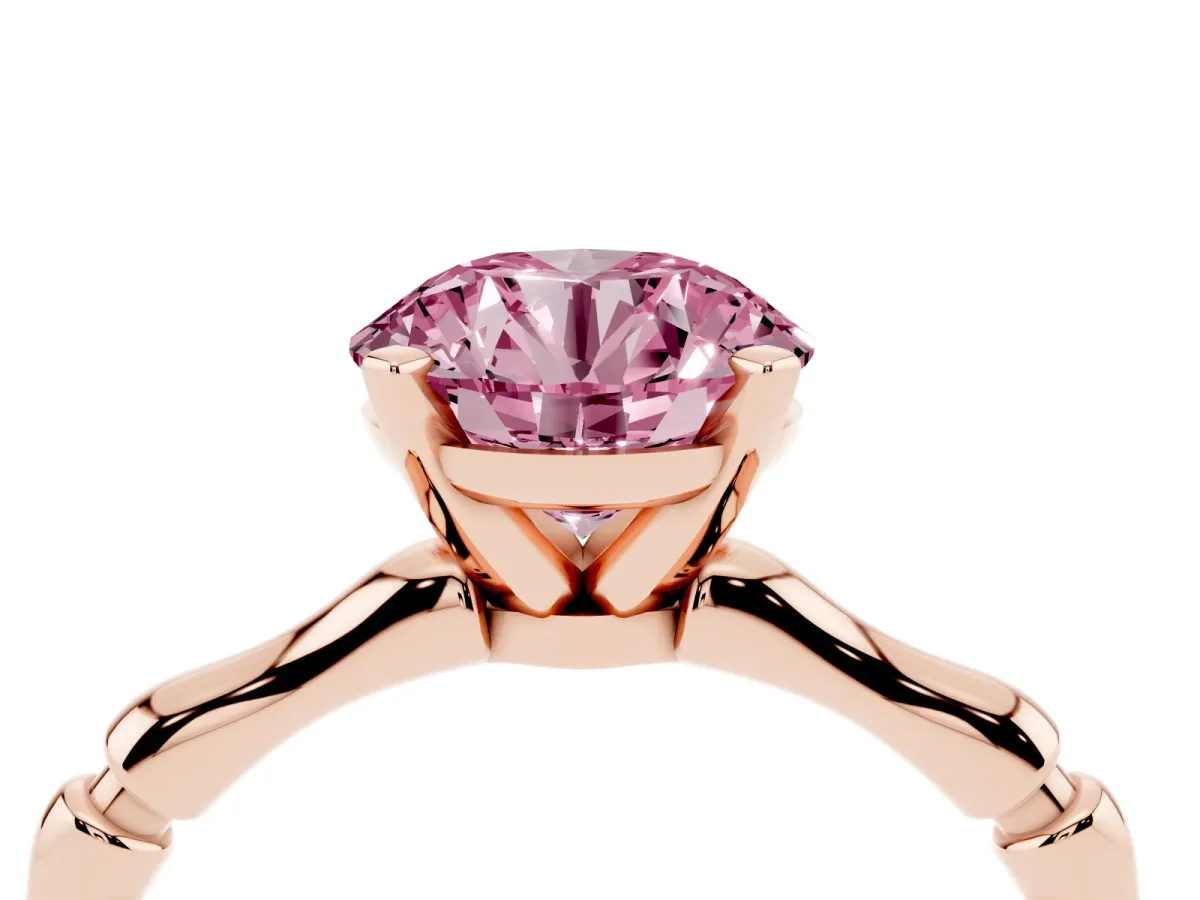 Fancy Pink Round Cut Solitaire Diamond Ring with Bamboo Band and Four-Prong Setting Rose gold