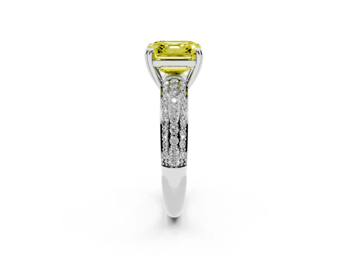 Fancy Yellow Asscher Cut Diamond Solitaire Ring with Multi-Row Round Pavé Band and Prong Setting Silver