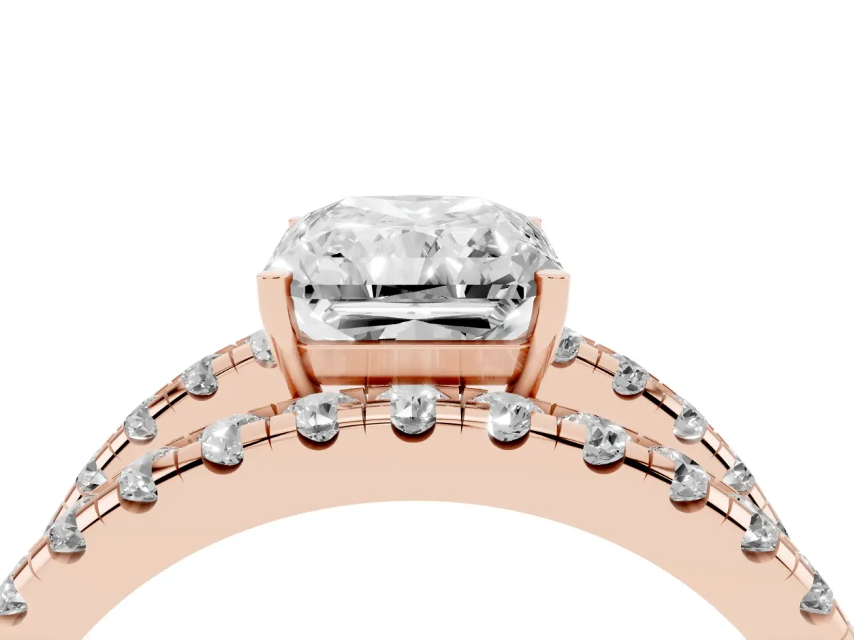 Radiant Cut Solitaire Split Shank Pave Diamond Ring Rose gold
