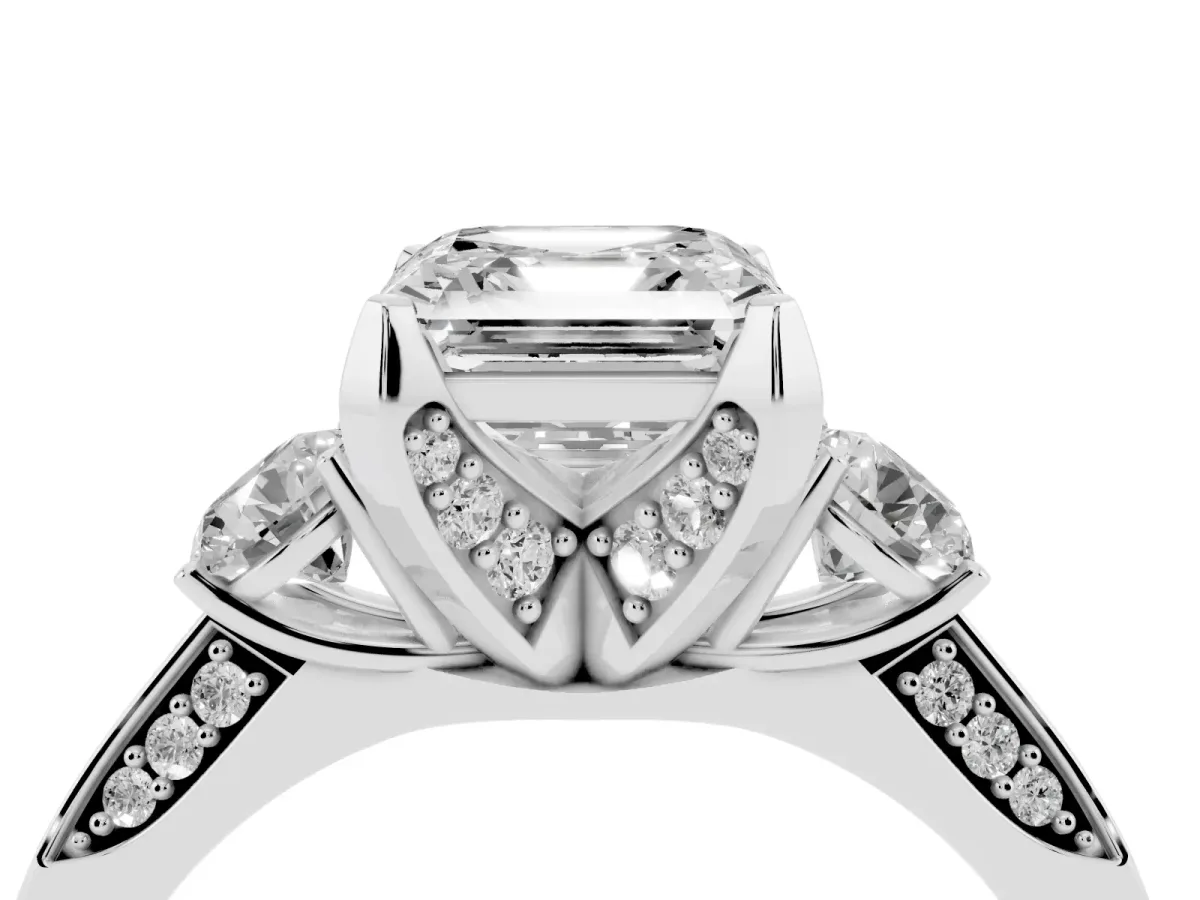 Asscher Cut Brilliant Three-Stone Diamond Ring with Pavé Band and Four-Prong Setting White gold