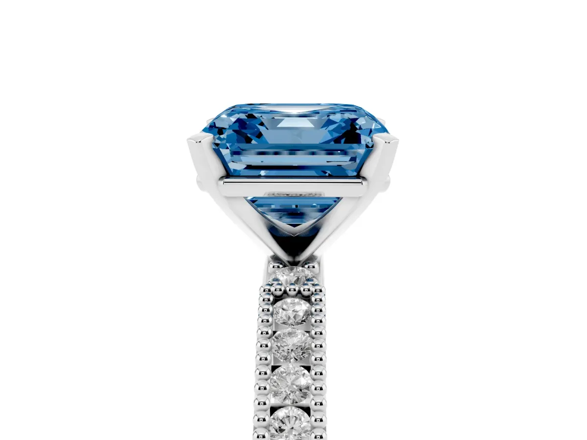 Fancy Blue Asscher Cut Solitaire with Pavé Band and Four-Prong Setting Silver