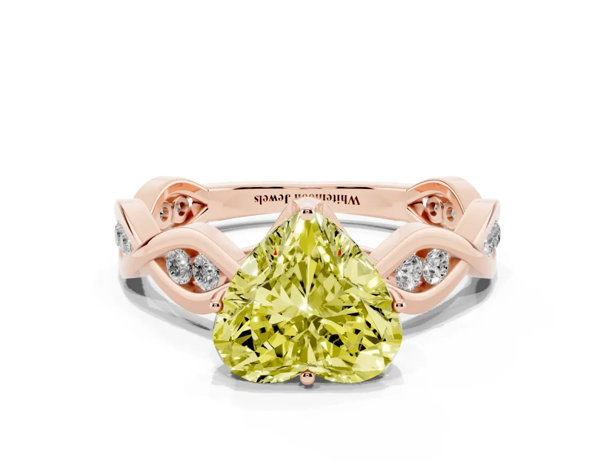 Fancy Yellow Heart Cut Solitaire Twist Band with Leaf Prong Setting Rose gold