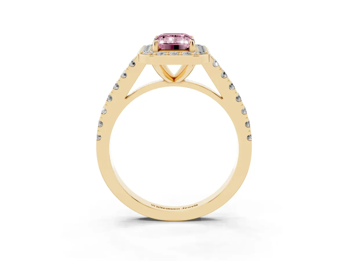 Fancy Pink Emerald Cut Diamond Halo Ring with Round Pavé Split Shank and Prong Setting Yellow gold