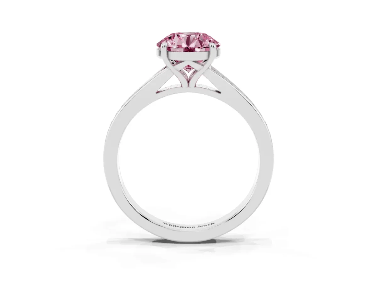 Fancy Pink Round Cut Diamond Solitaire Ring with Pavé Band and Prong Setting Silver