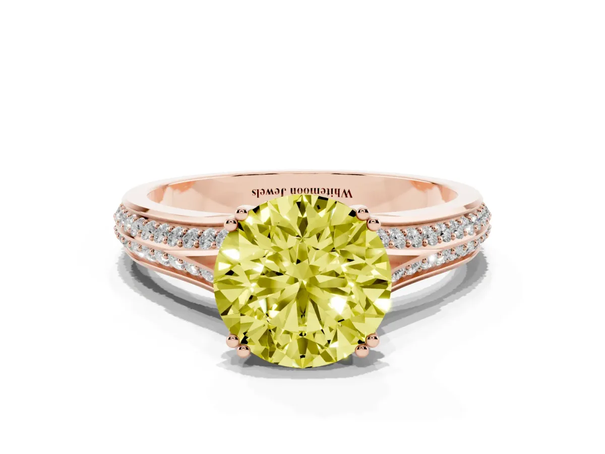 Fancy Yellow Round Cut Diamond Split Shank Engagement Ring with Pavé Band Rose gold