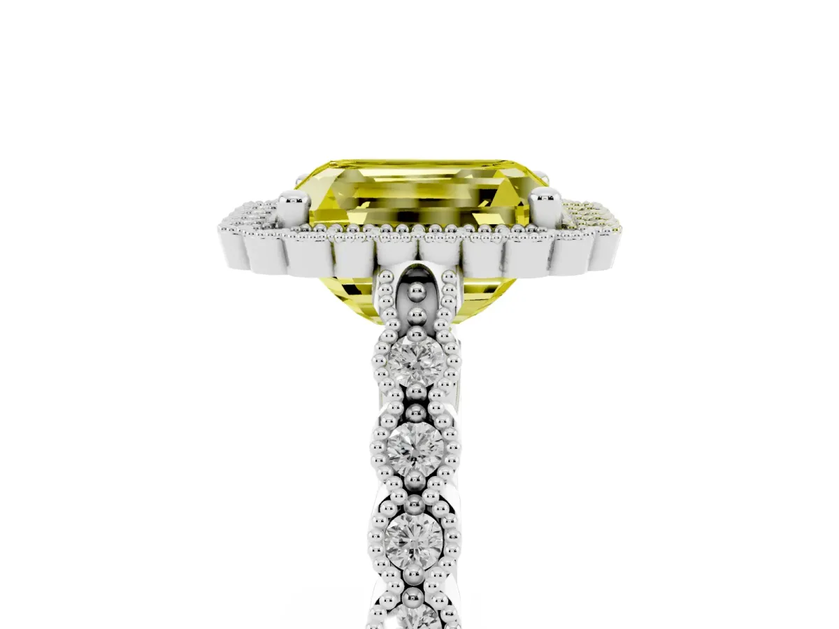 Fancy Yellow Radiant Cut Cut Halo Pavé Solitaire Ring with Milgrain Band White gold