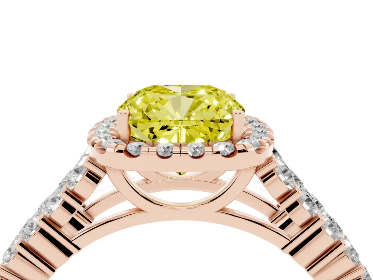 Fancy Yellow Cushion Cut Diamond Halo Engagement Ring with Triple Row Round Pavé Band and Prong Setting Rose gold