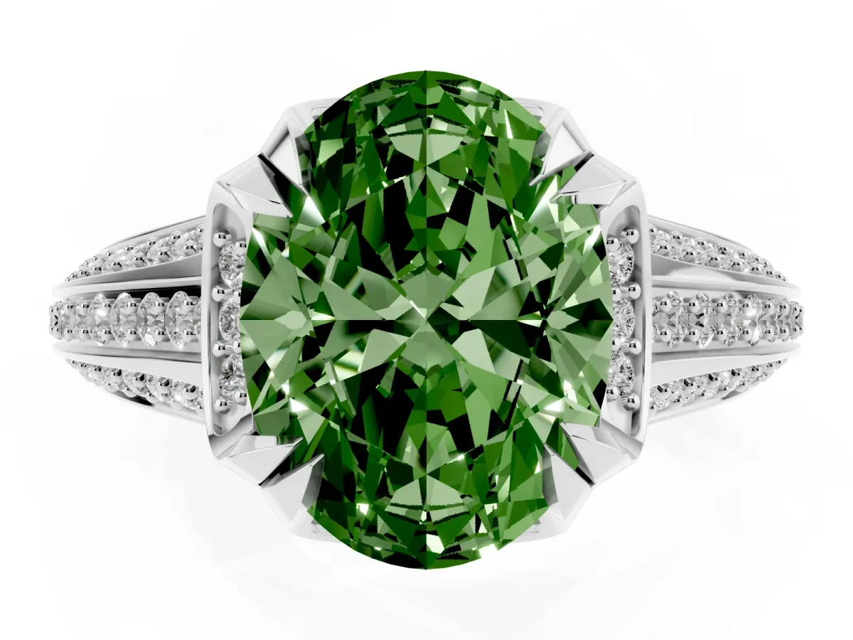 Fancy Green Oval Cut Solitaire Pave Split Shank Ring with Four-Prong Setting Platinum