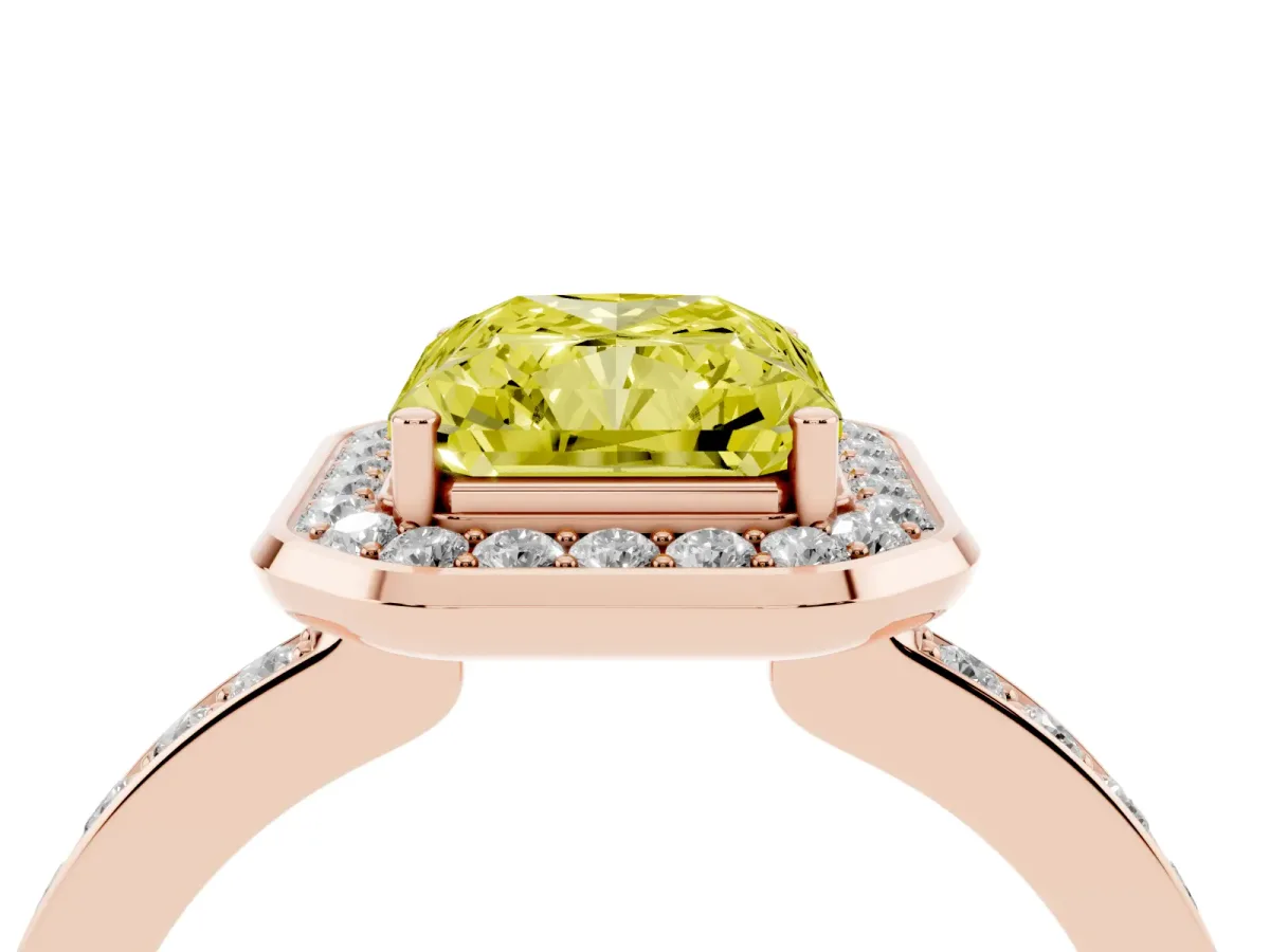 Fancy Yellow Radiant Cut Diamond Halo Ring with Bezel Frame and Pavé Band Rose gold